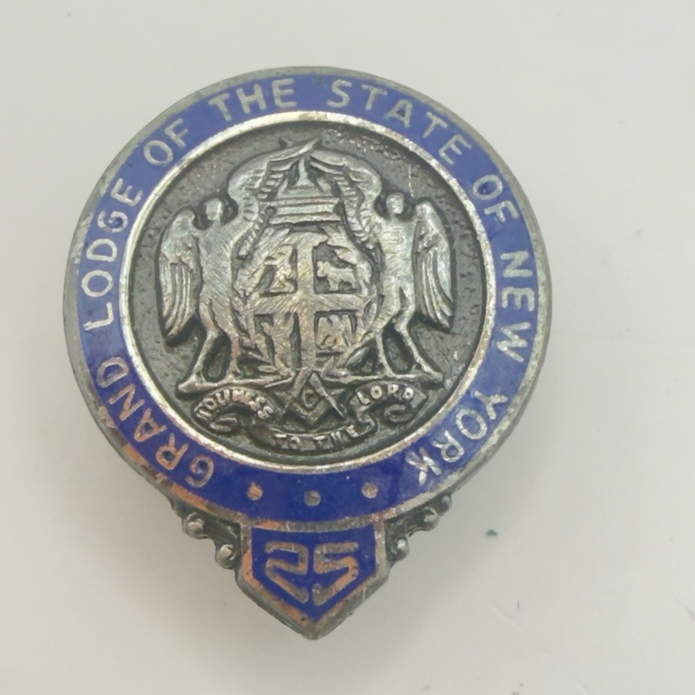 Vintage Grand Lodge of New YorkA Mason 25 Years Sterling & Blue Enamel Lapel Pin